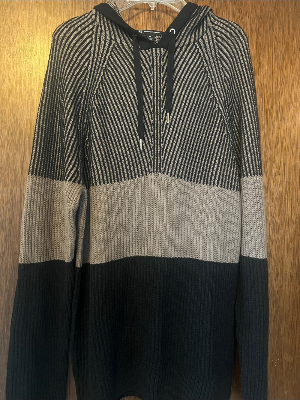 INC International Concepts Black and Gray Striped Hooded Crewneck Sweater